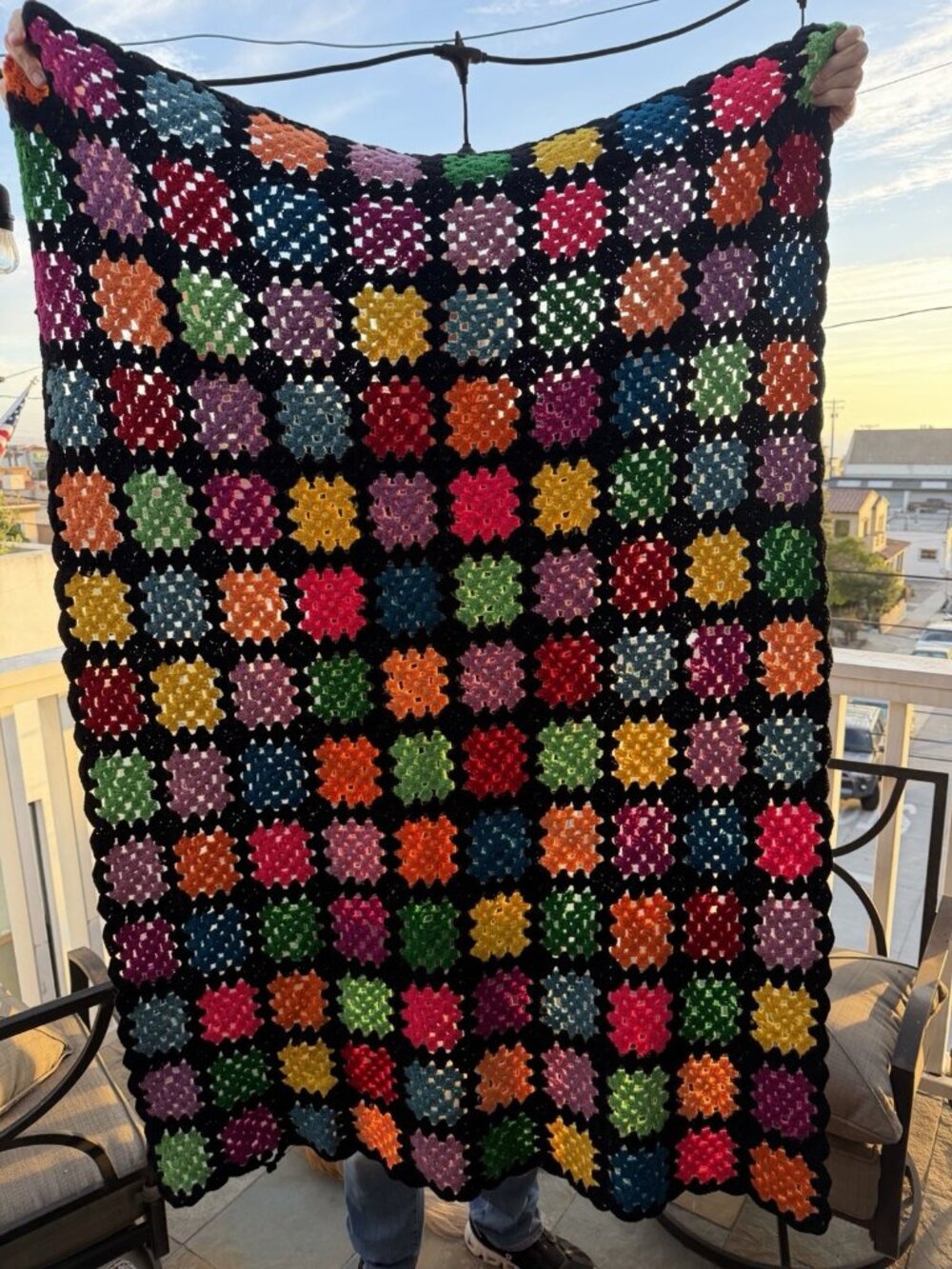 Vintage Granny Square grandmacore black multicolor blanket throw crochet cottage